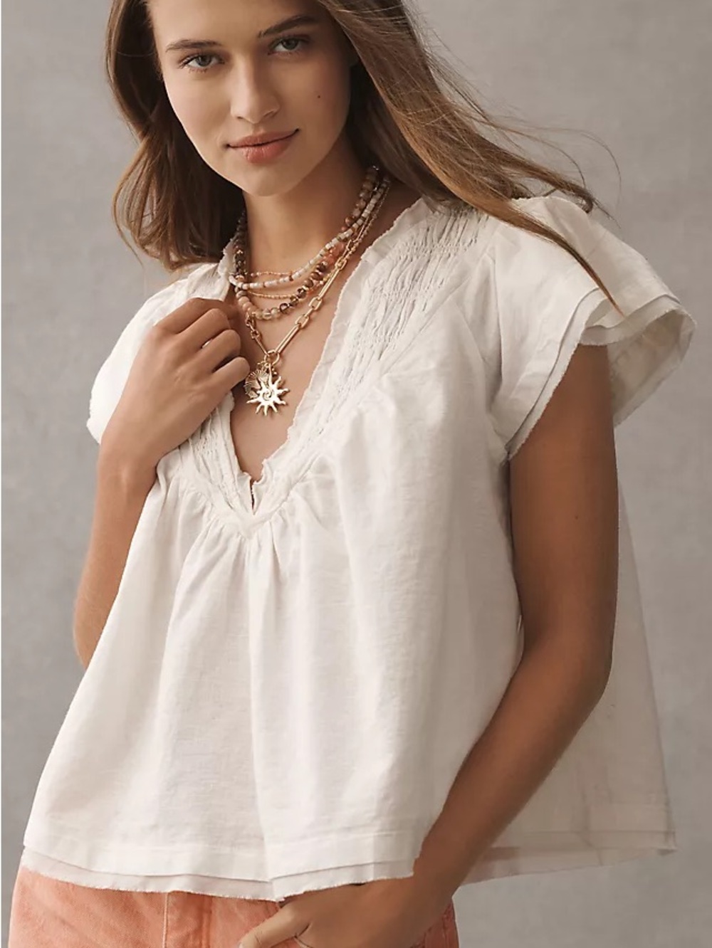 By Anthropologie Short-Sleeve Smocked Linen-Blend Blouse Small